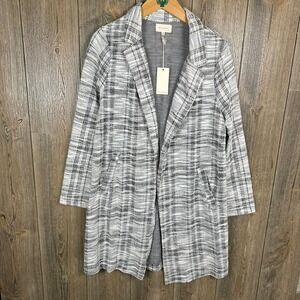 Melloday NWT Plaid Knit Duster Cardigan Open Front Pockets Gray White Womens M